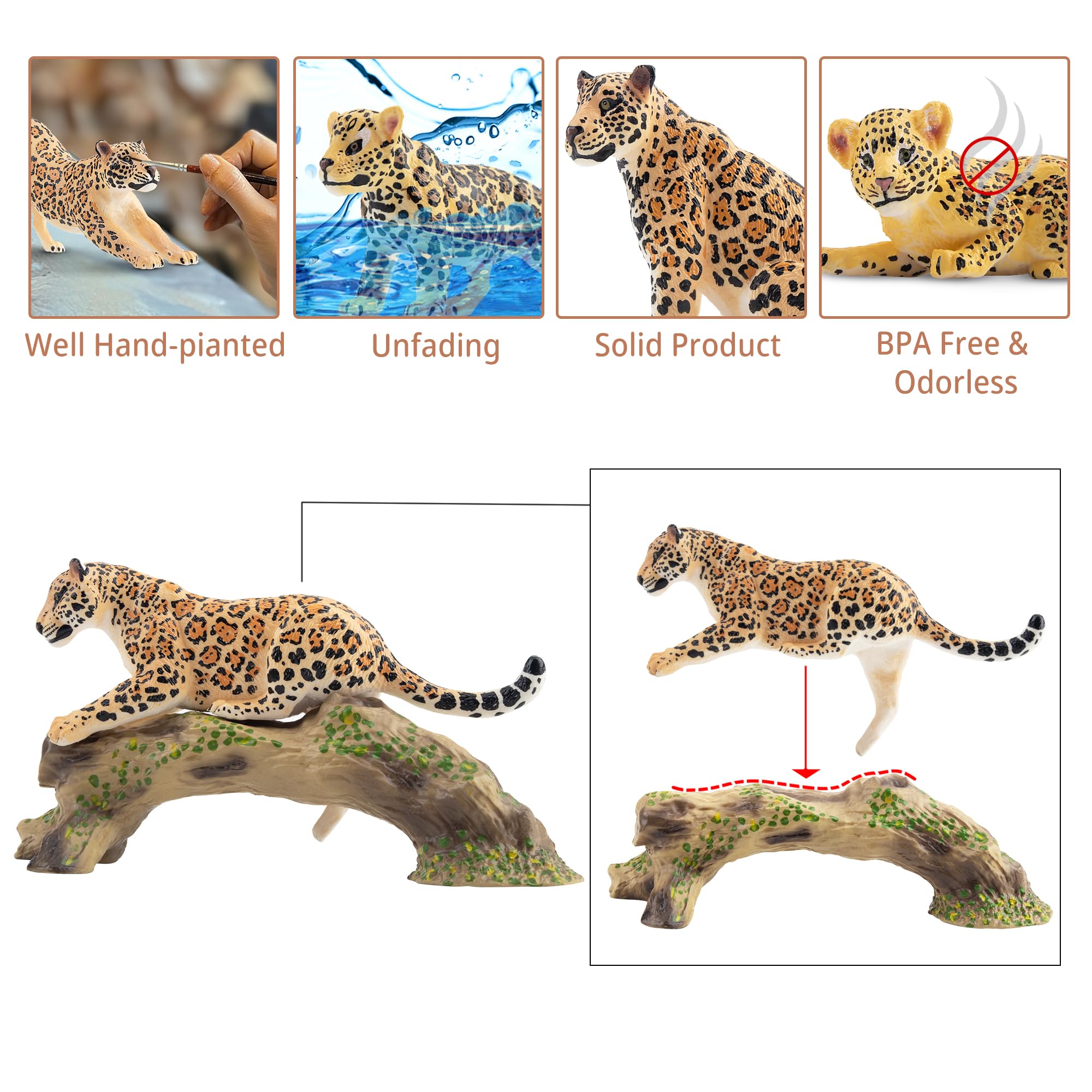 Toymany 7-Piece Leopards Family Figurines with Cubs and Tree Trunk – Realistic Jungle Animal Playset for Kids