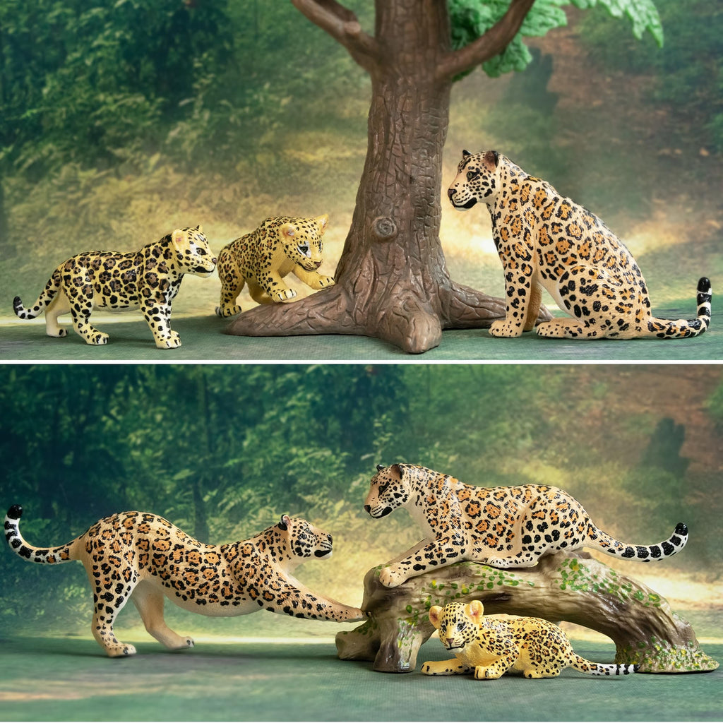 Toymany 7-Piece Leopards Family Figurines with Cubs and Tree Trunk – Realistic Jungle Animal Playset for Kids