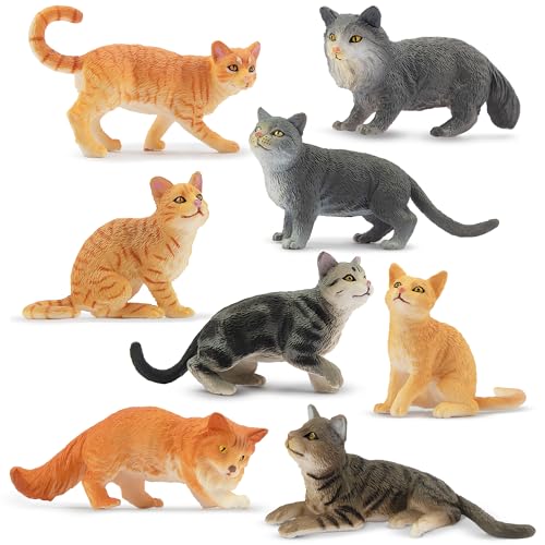 Toymany 8-Piece Realistic Cat Figurines Set - Hand Painted Orange & Grey Kittens for Cake Toppers, Birthday Gifts, and Educational Play