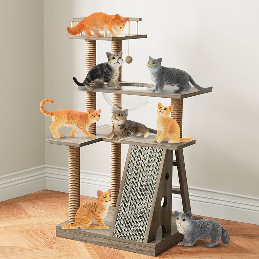 Toymany 8-Piece Realistic Cat Figurines Set - Hand Painted Orange & Grey Kittens for Cake Toppers, Birthday Gifts, and Educational Play