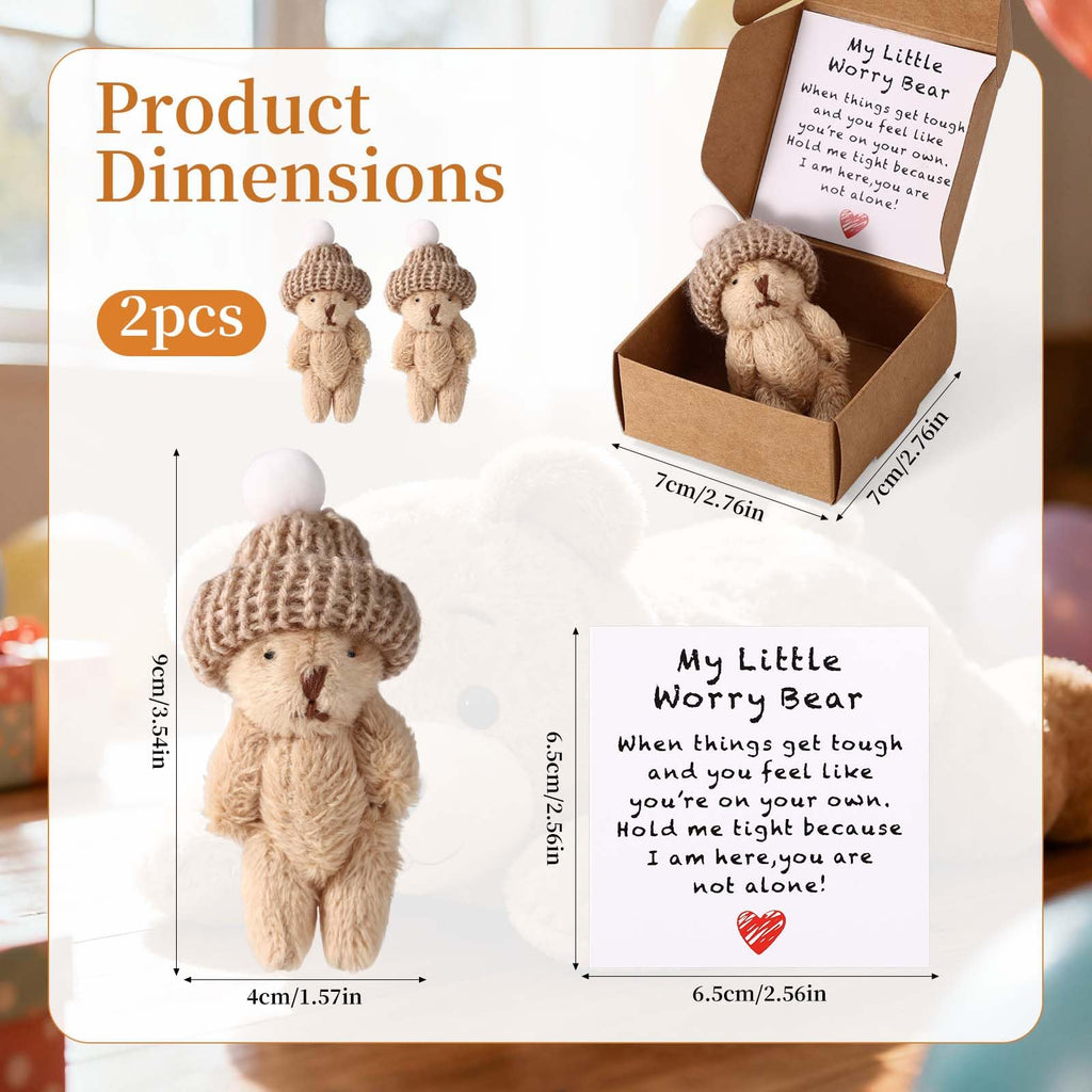 TOYMIS Mini Plush Worry Bear with Hat – Set of 2 Small Bears in Boxes with Encouragement Cards