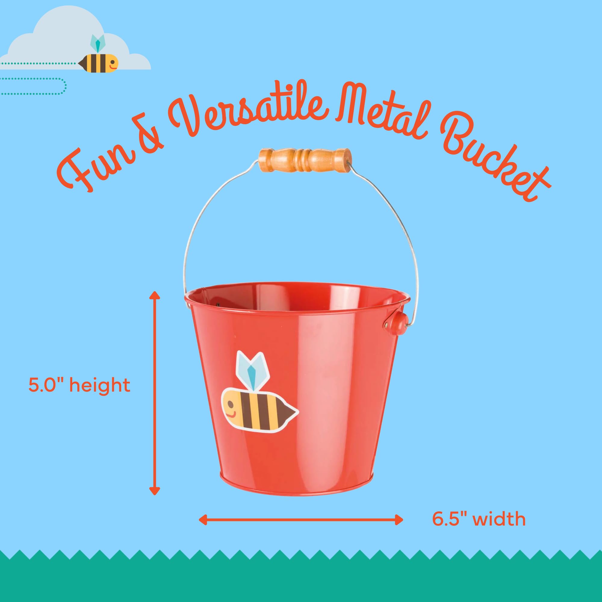 Toysmith 5-Inch Metal Garden & Beach Bucket for Kids – Bee & Beetle Designs