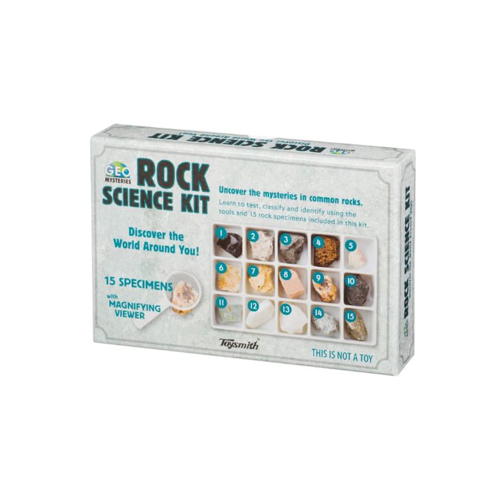 Toysmith Rock Science Kit – 15 Mineral Specimens with Magnifying Viewer & Identification Guide for Kids Ages 8+