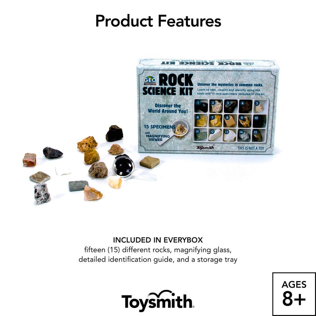 Toysmith Rock Science Kit – 15 Mineral Specimens with Magnifying Viewer & Identification Guide for Kids Ages 8+