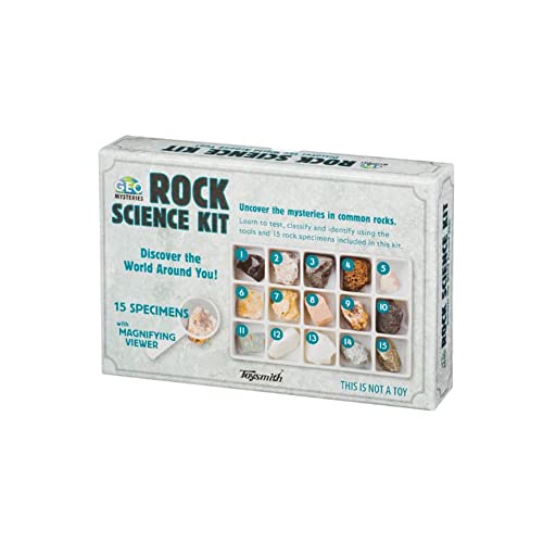 Toysmith Rock Science Kit – 15 Mineral Specimens with Magnifying Viewer & Identification Guide for Kids Ages 8+