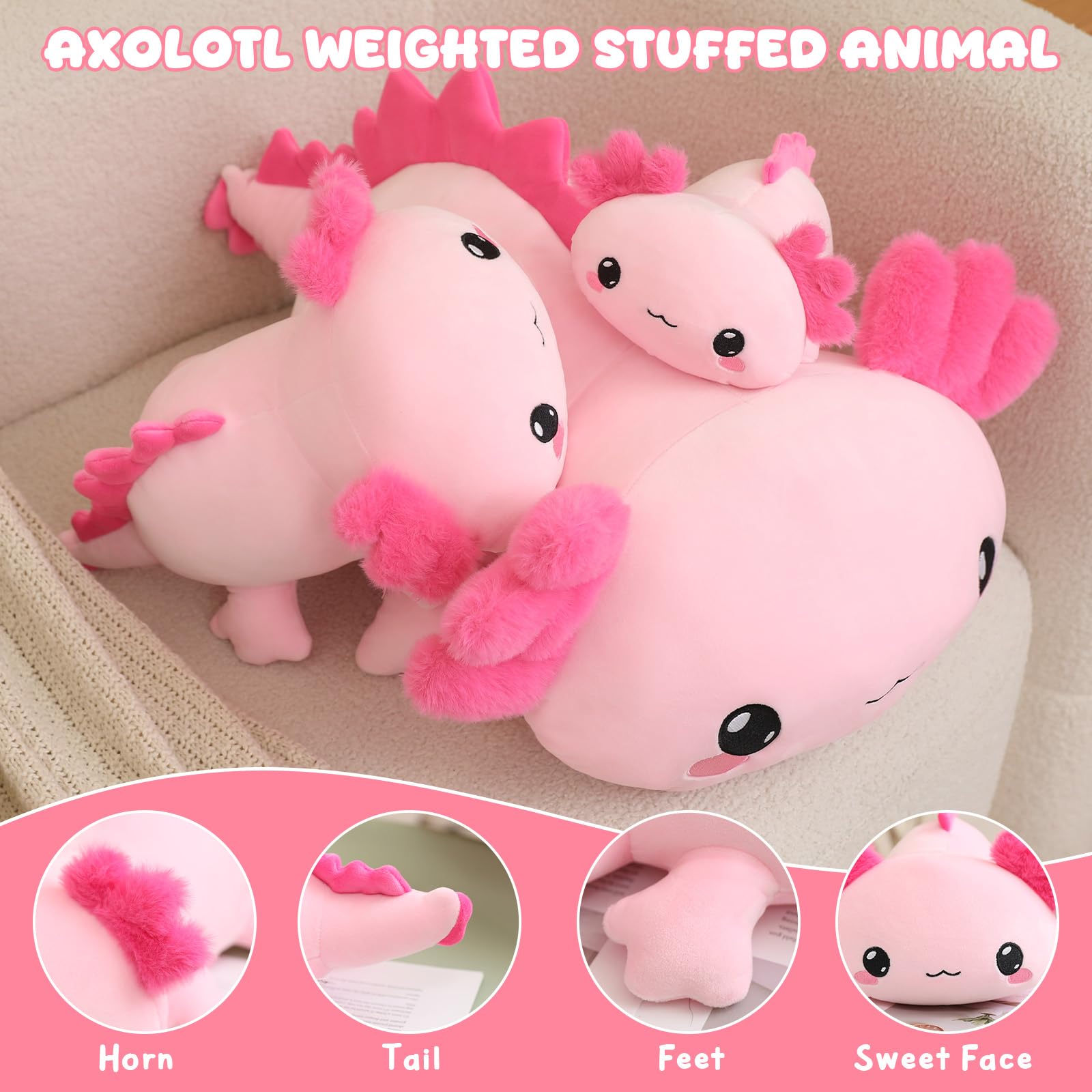 TOYSYM Weighted Axolotl Stuffed Animal – Soft Plush Toy with Weighted Beads, Cute Pillow for Kids and Adults