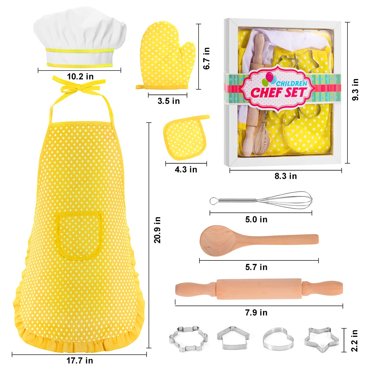 Toyze Kids Chef Costume Set with Baking Tools - Pretend Play Apron and Hat for Girls Boys Ages 2-8