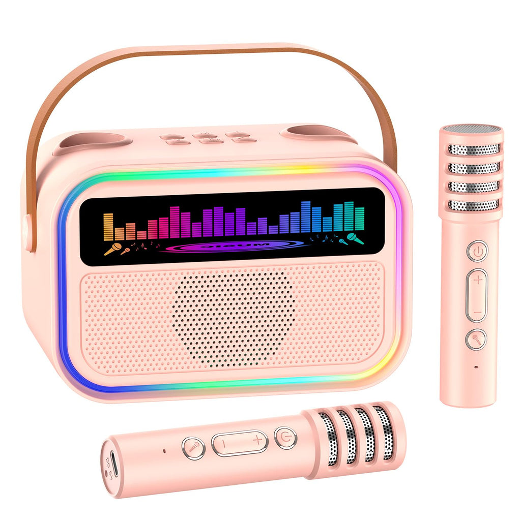 TOZDTO Pink Kids Karaoke Machine with 2 Wireless Mics, Bluetooth 5.3, Voice Effects, LED Lights, Built-In Mic Slots - Gift for Ages 3-12+