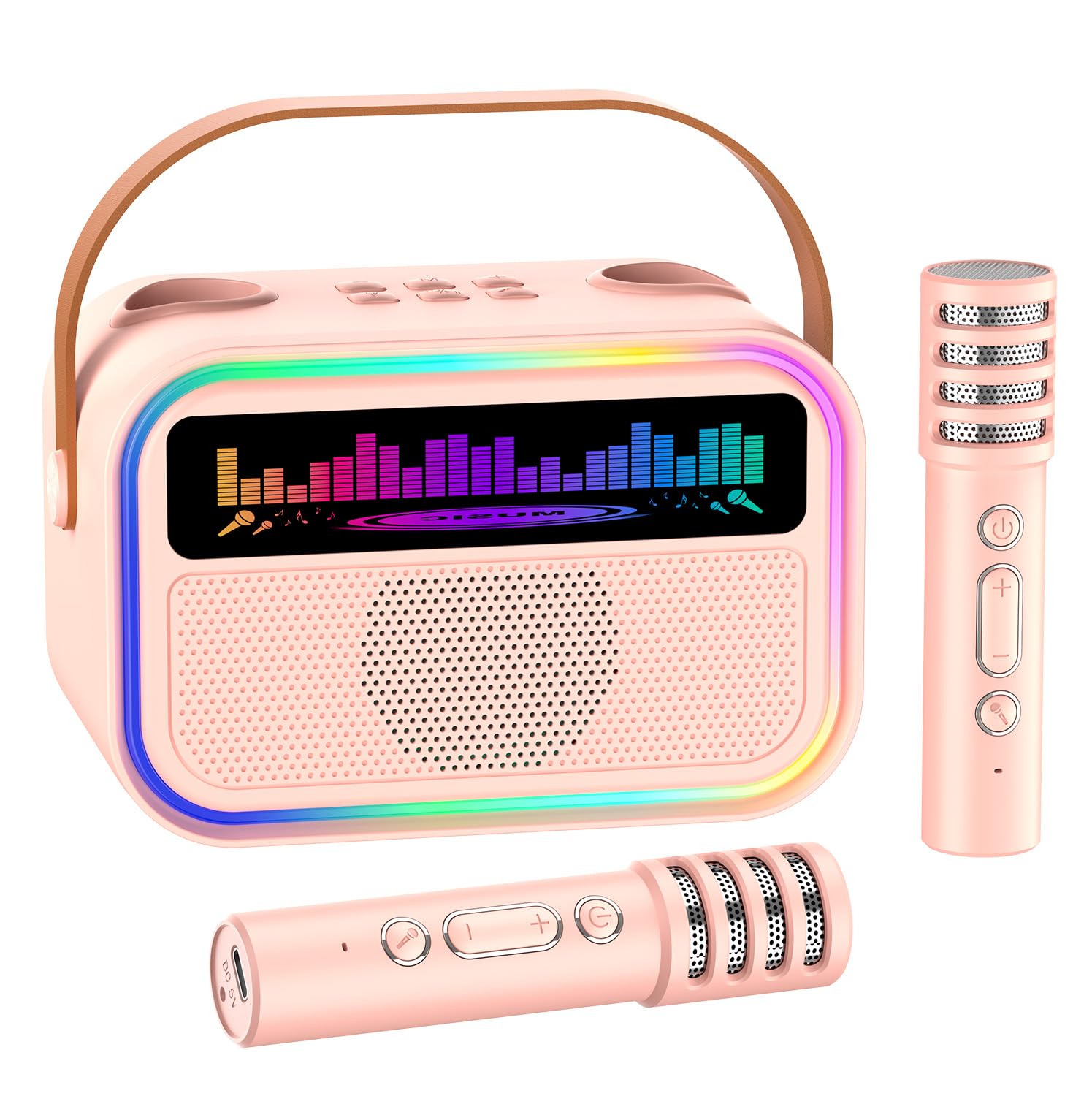 TOZDTO Pink Kids Karaoke Machine with 2 Wireless Mics, Bluetooth 5.3, Voice Effects, LED Lights, Built-In Mic Slots - Gift for Ages 3-12+
