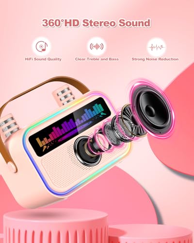 TOZDTO Pink Kids Karaoke Machine with 2 Wireless Mics, Bluetooth 5.3, Voice Effects, LED Lights, Built-In Mic Slots - Gift for Ages 3-12+