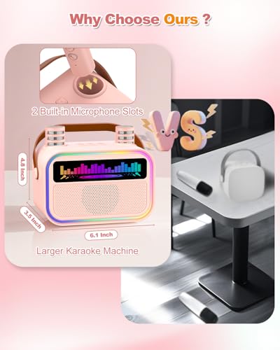 TOZDTO Pink Kids Karaoke Machine with 2 Wireless Mics, Bluetooth 5.3, Voice Effects, LED Lights, Built-In Mic Slots - Gift for Ages 3-12+