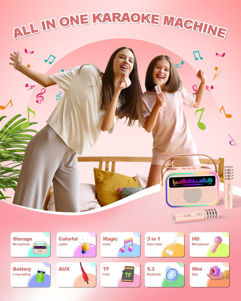 TOZDTO Pink Kids Karaoke Machine with 2 Wireless Mics, Bluetooth 5.3, Voice Effects, LED Lights, Built-In Mic Slots - Gift for Ages 3-12+