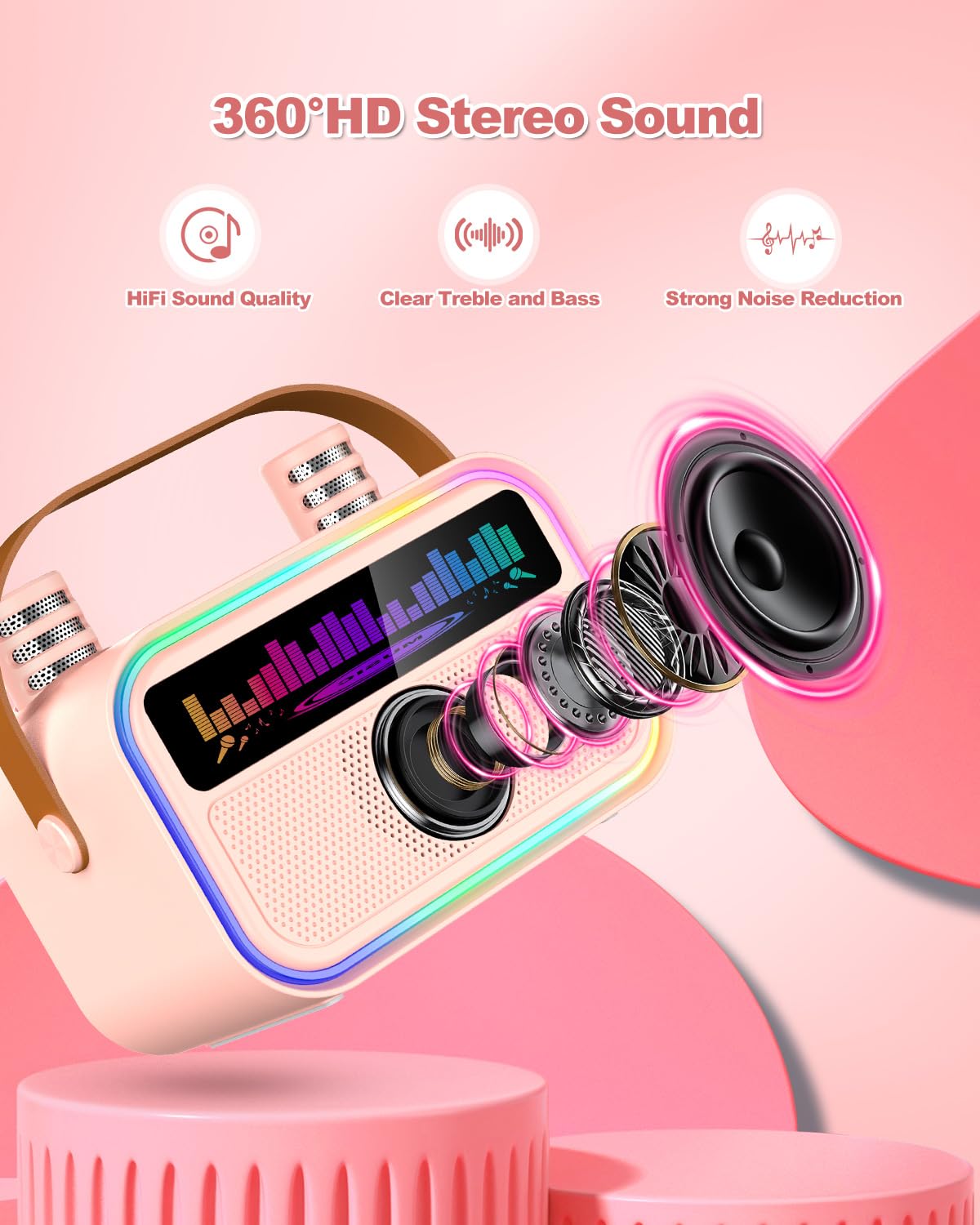 TOZDTO Pink Kids Karaoke Machine with 2 Wireless Mics, Bluetooth 5.3, Voice Effects, LED Lights, Built-In Mic Slots - Gift for Ages 3-12+