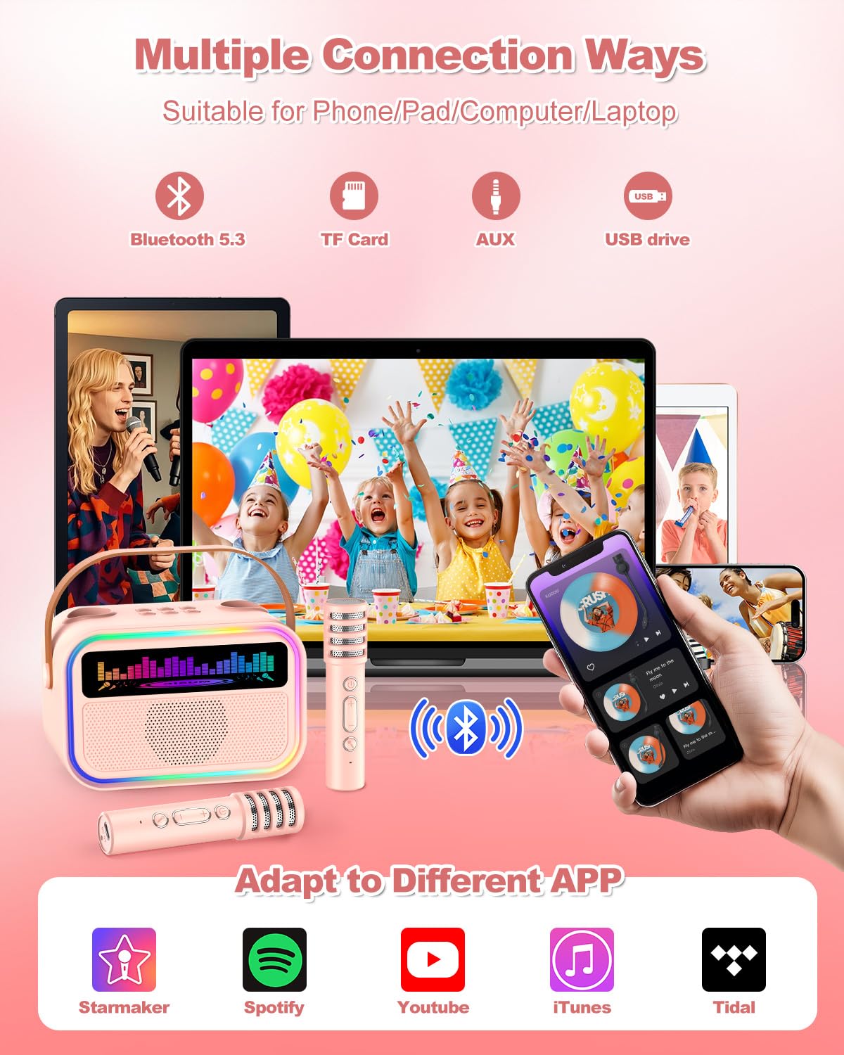 TOZDTO Pink Kids Karaoke Machine with 2 Wireless Mics, Bluetooth 5.3, Voice Effects, LED Lights, Built-In Mic Slots - Gift for Ages 3-12+