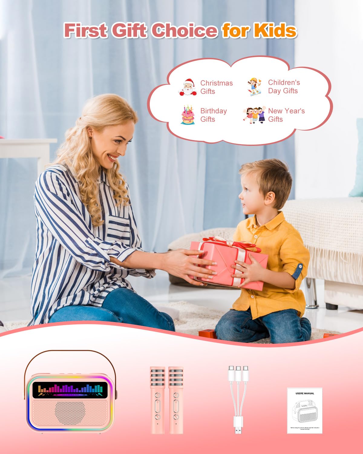 TOZDTO Pink Kids Karaoke Machine with 2 Wireless Mics, Bluetooth 5.3, Voice Effects, LED Lights, Built-In Mic Slots - Gift for Ages 3-12+