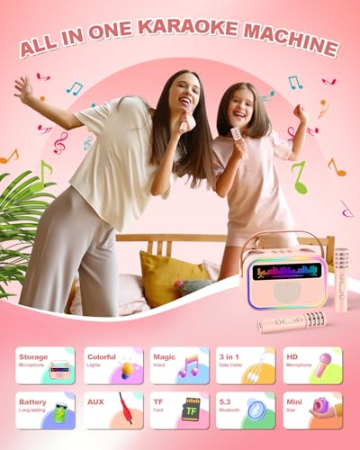 TOZDTO Pink Kids Karaoke Machine with 2 Wireless Mics, Bluetooth 5.3, Voice Effects, LED Lights, Built-In Mic Slots - Gift for Ages 3-12+