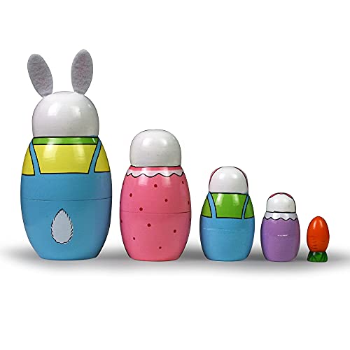 Tphon Handmade Wooden Nesting Dolls Set – 5-Piece Russian Matryoshka with Animal Patterns (Rabbits Theme)