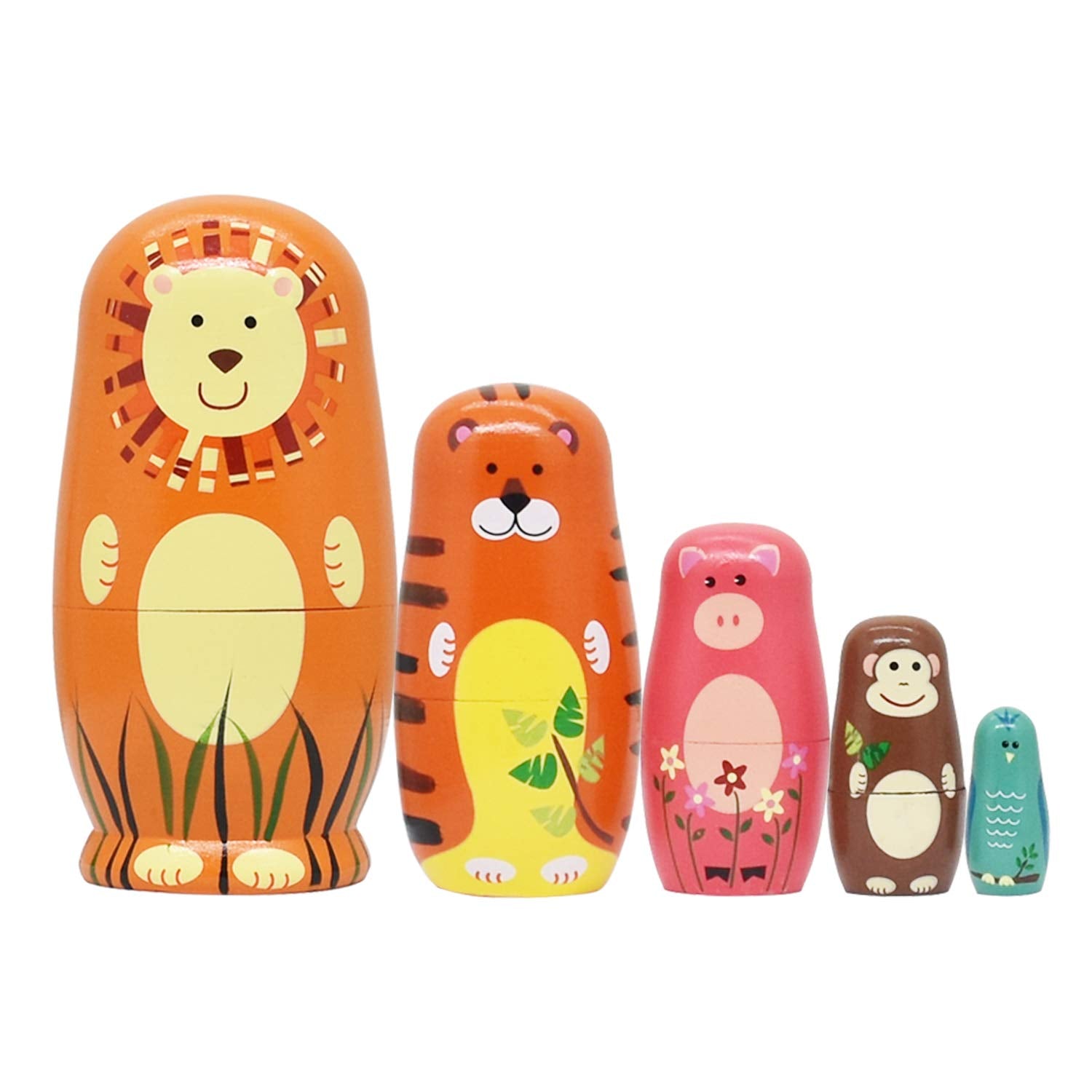 Tphon Russian Nesting Dolls – Handmade Wooden Matryoshka Set of 5 with Animal Designs