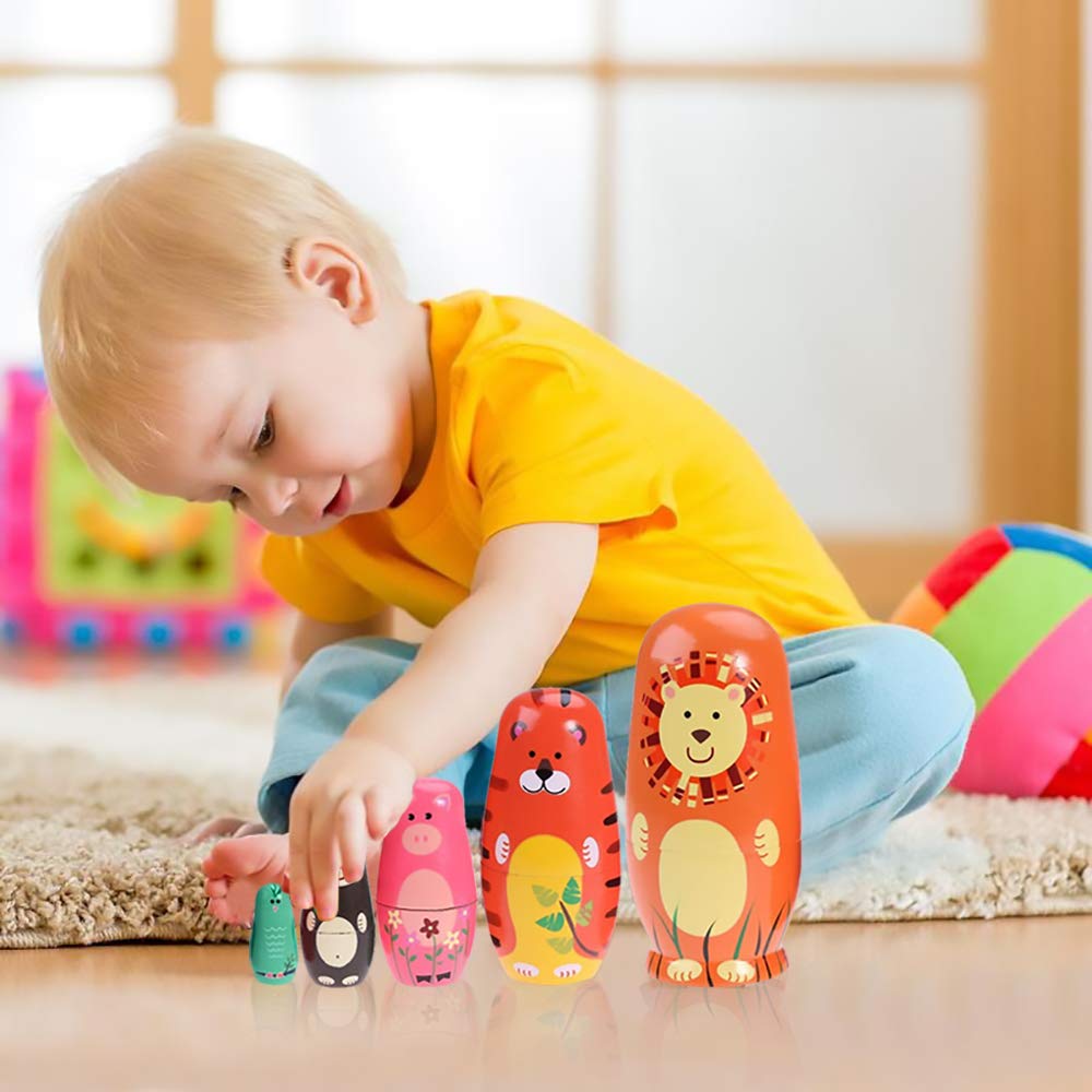 Tphon Russian Nesting Dolls – Handmade Wooden Matryoshka Set of 5 with Animal Designs