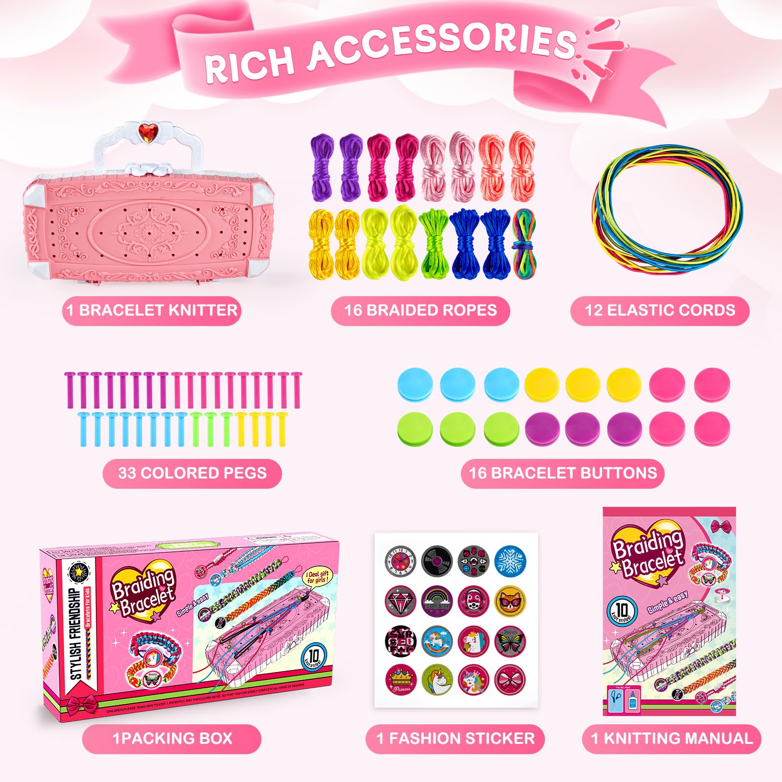 TQRAZ Bracelet Making Kit for Girls 8-12 - Pink Friendship Bracelet Craft Set with Loom & Accessories