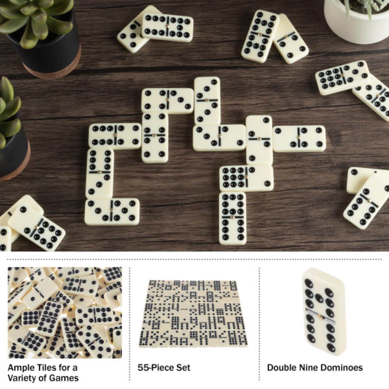 Trademark Games Double Nine Domino Set with Wooden Storage Case – 55 Premium Tiles for Family Game Night