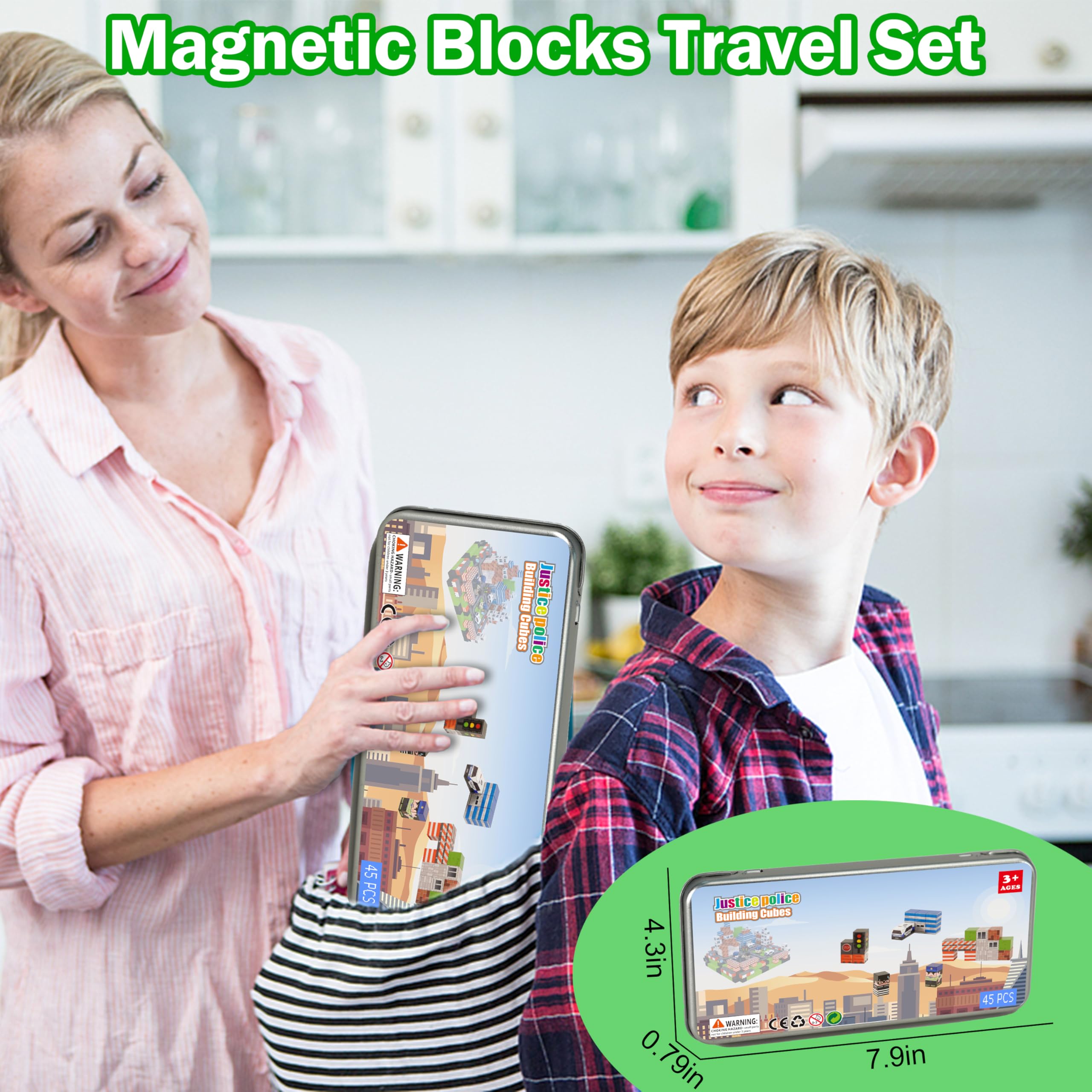 Traffic Theme Magnetic Blocks 45-Piece Set – Travel-Friendly STEM Building Cubes for Kids Ages 3+