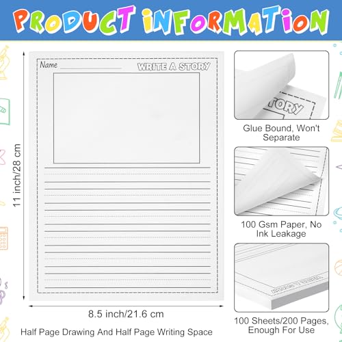 Trandraft 100 Sheets Story Writing Paper for Kids, 8.5x11 Half Drawing Half Lines Handwriting Practice, Preschool Kindergarten