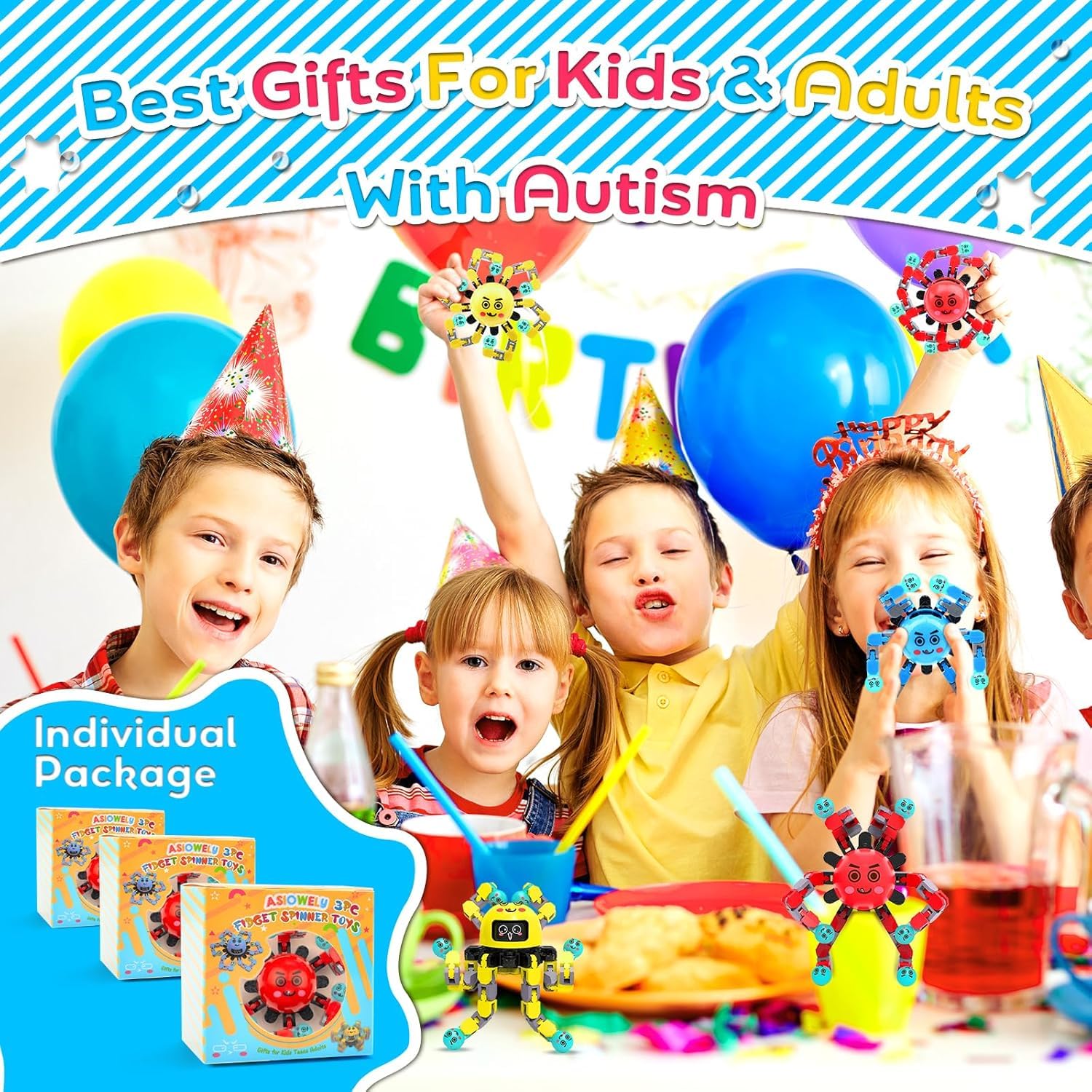 Transformable Fidget Spinner Toys for Kids & Adults - 4 Pack Sensory Stress Relief Gyros