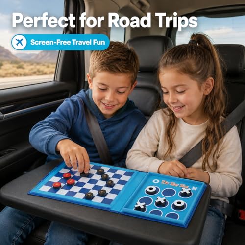 Travofun 2-in-1 Magnetic Travel Checkers and Tic Tac Toe Game – Foldable Road Trip & Plane Activity for Kids Ages 3-10
