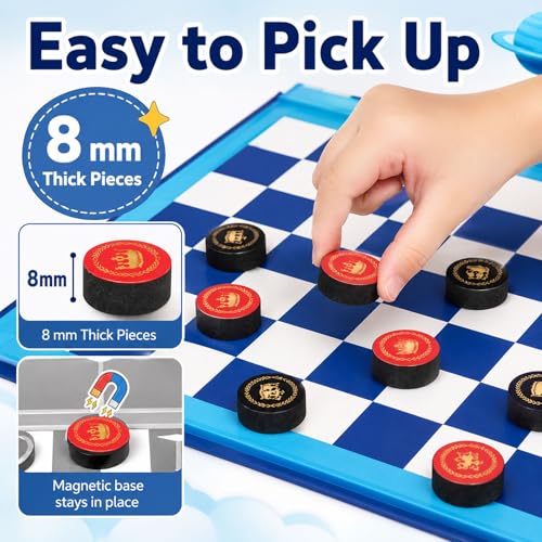 Travofun 2-in-1 Magnetic Travel Checkers and Tic Tac Toe Game – Foldable Road Trip & Plane Activity for Kids Ages 3-10