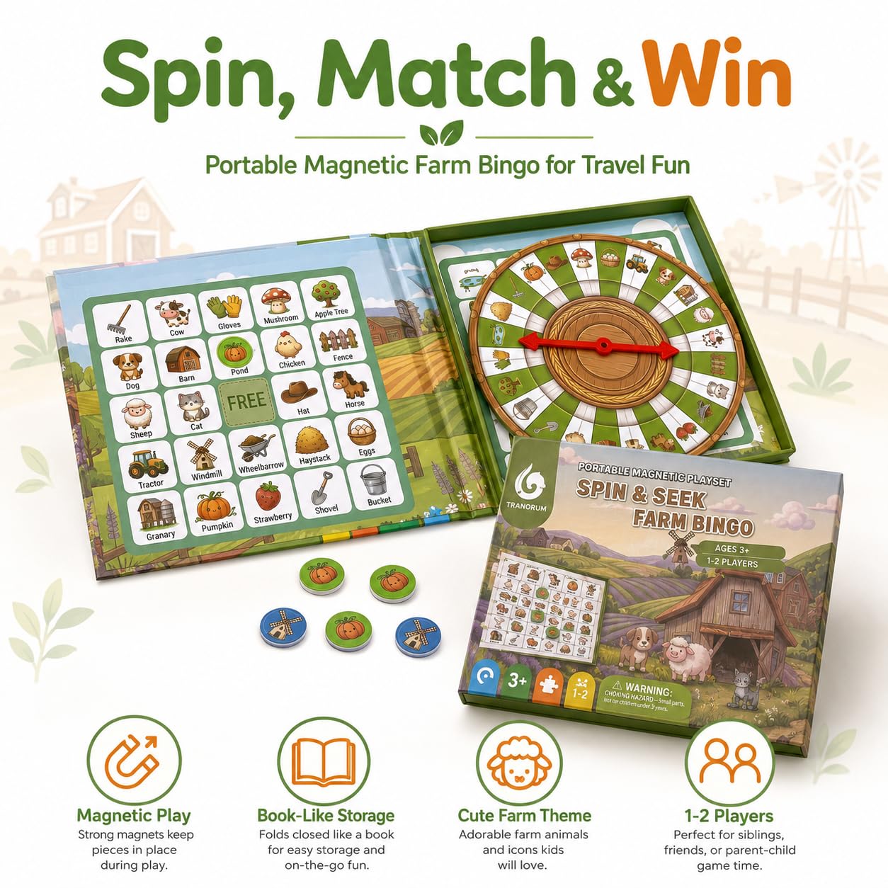 Travofun Magnetic Farm Bingo Game – Travel Toy for Kids Ages 3+