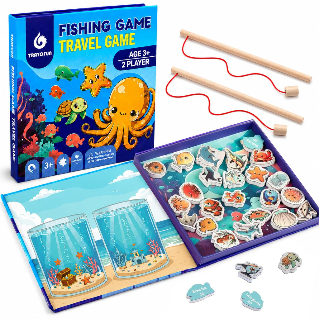 TRAVOFUN Magnetic Fishing Game Book – Travel Toy for Kids 3-8 with 2 Poles, 27 Ocean Fish, and Math Learning
