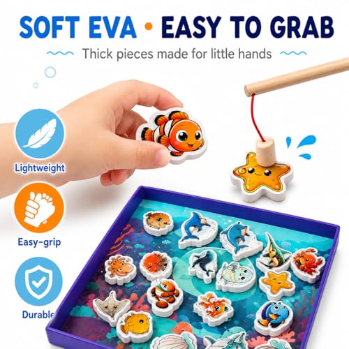 TRAVOFUN Magnetic Fishing Game Book – Travel Toy for Kids 3-8 with 2 Poles, 27 Ocean Fish, and Math Learning