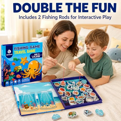 TRAVOFUN Magnetic Fishing Game Book – Travel Toy for Kids 3-8 with 2 Poles, 27 Ocean Fish, and Math Learning