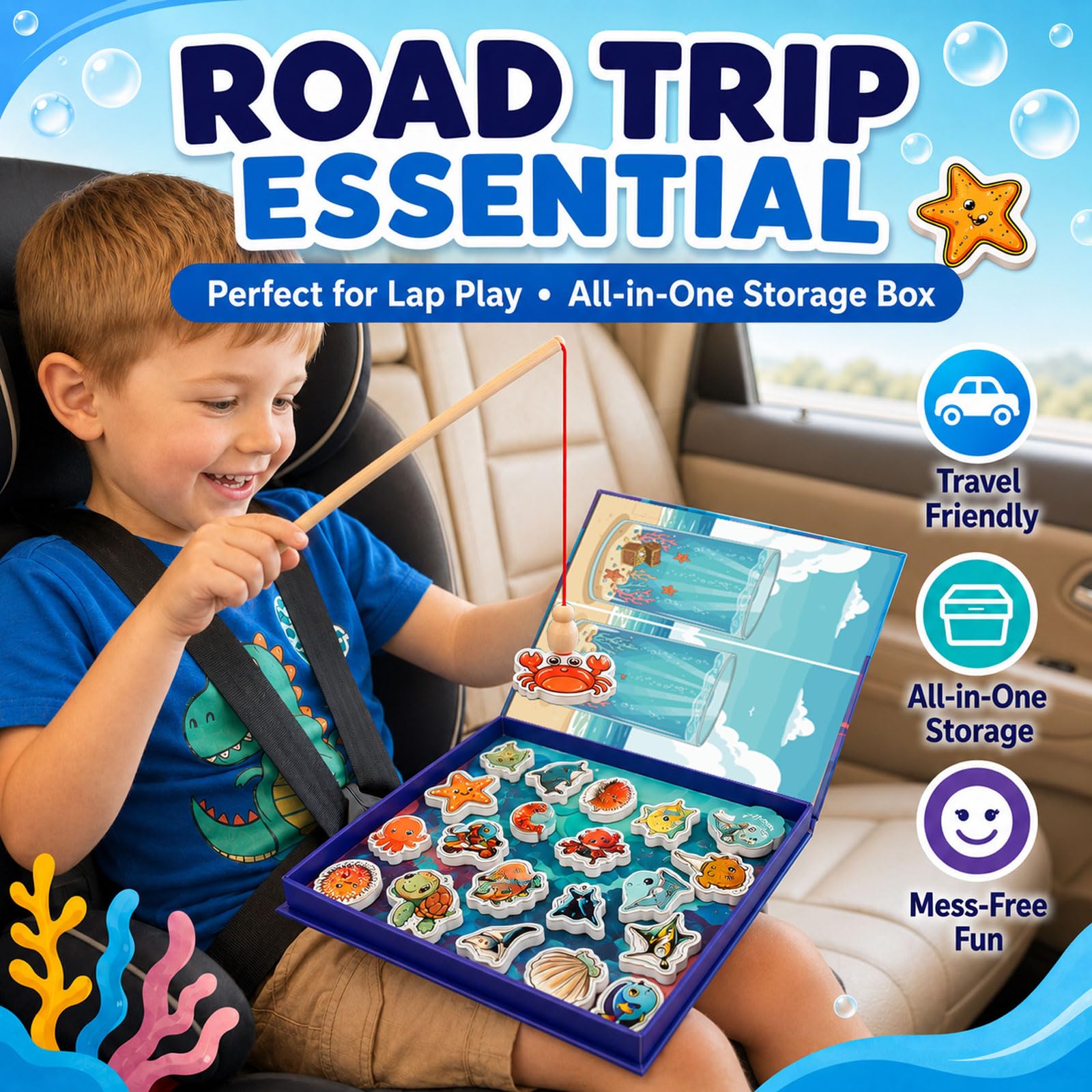 TRAVOFUN Magnetic Fishing Game Book – Travel Toy for Kids 3-8 with 2 Poles, 27 Ocean Fish, and Math Learning