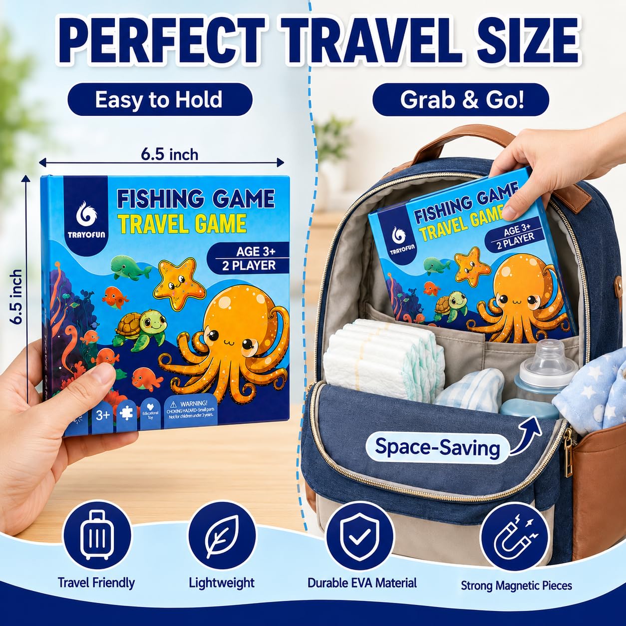 TRAVOFUN Magnetic Fishing Game Book – Travel Toy for Kids 3-8 with 2 Poles, 27 Ocean Fish, and Math Learning