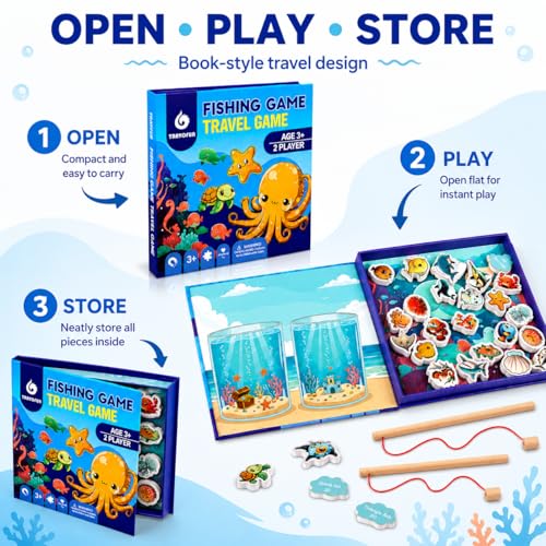 TRAVOFUN Magnetic Fishing Game Book – Travel Toy for Kids 3-8 with 2 Poles, 27 Ocean Fish, and Math Learning