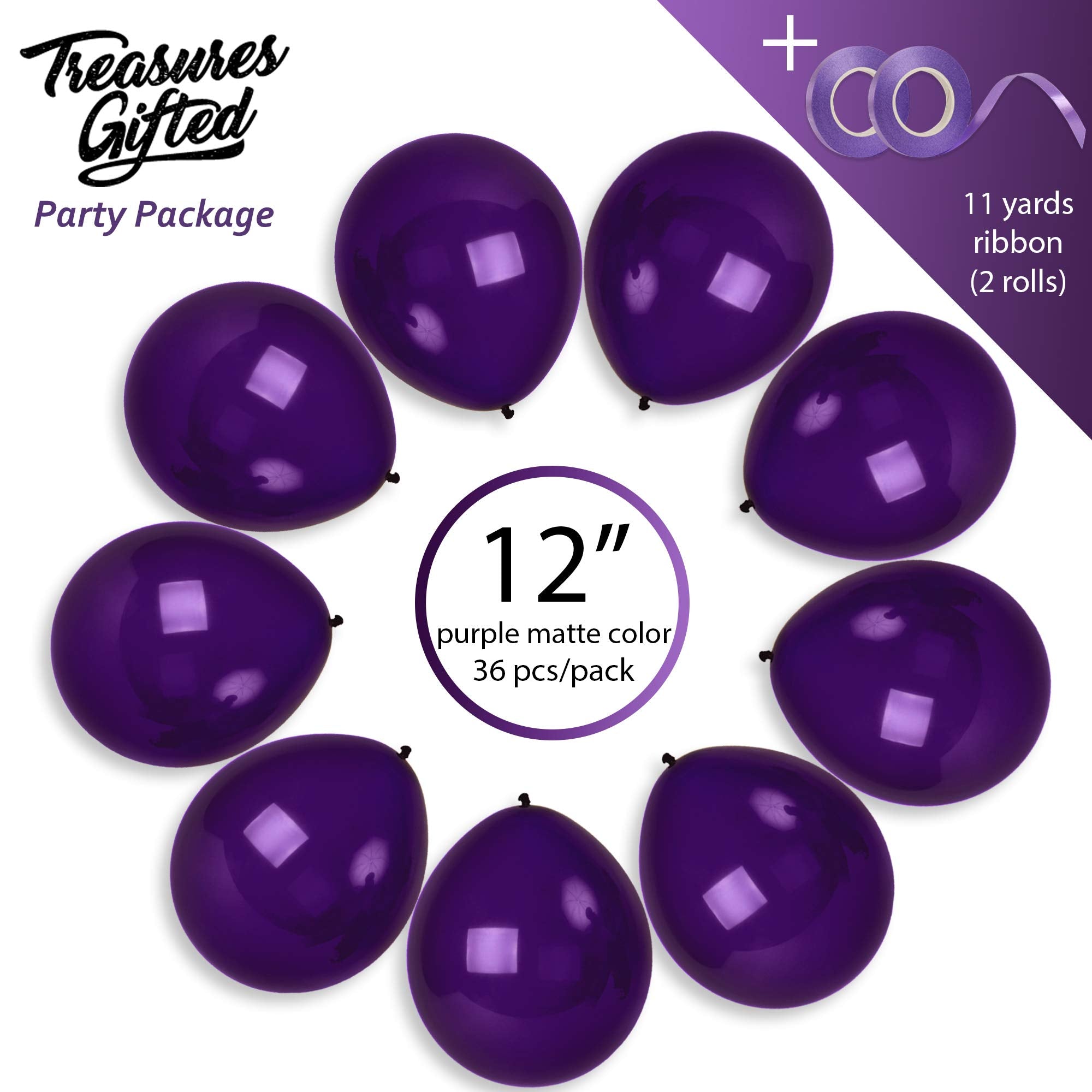 Treasures Gifted 36-Pack 12-Inch Matte Purple Latex Balloons with Ribbon for Birthday, Mardi Gras, and Wedding Decorations