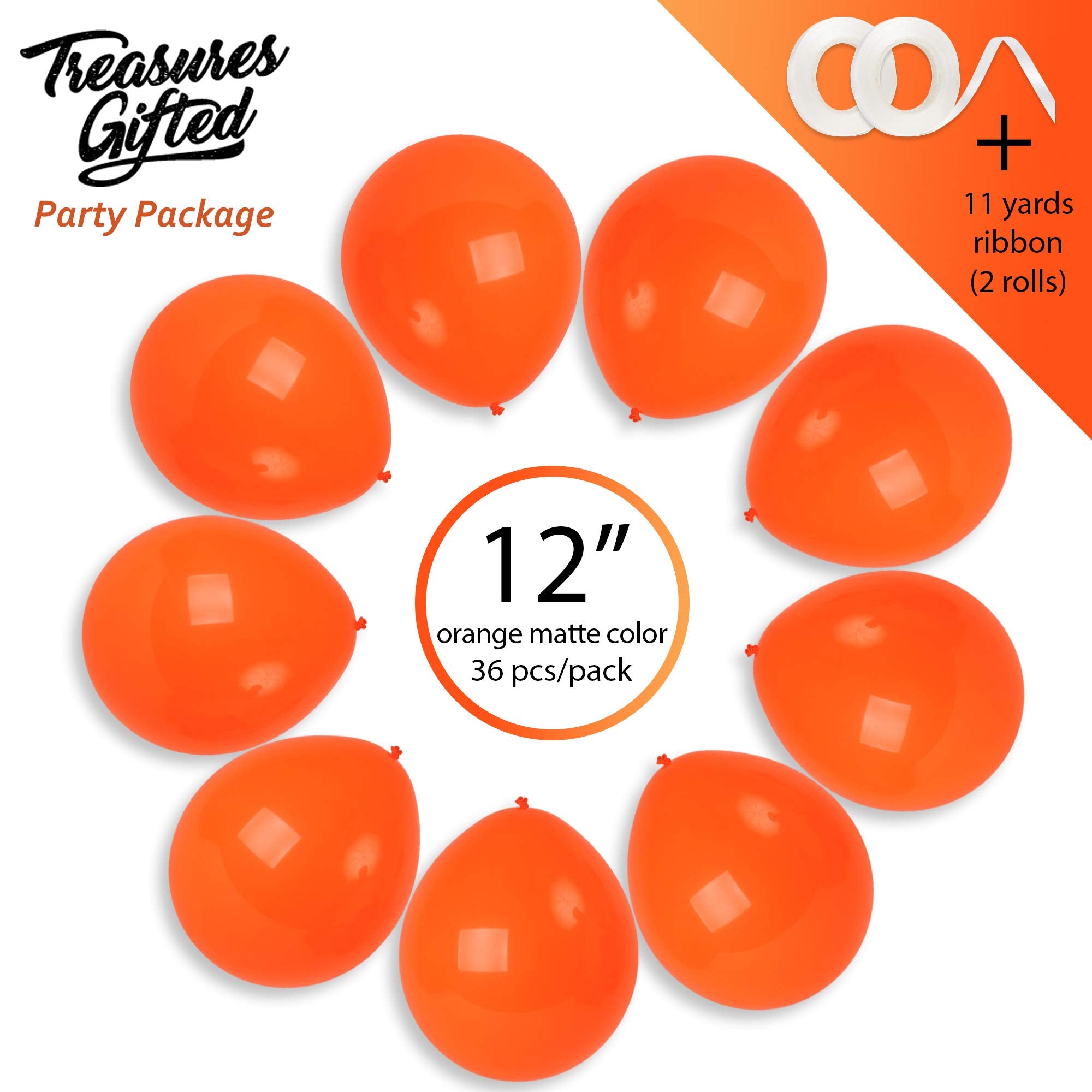 Treasures Gifted 36-Pack Matte Orange Latex Balloons – 12 Inch with Ribbon