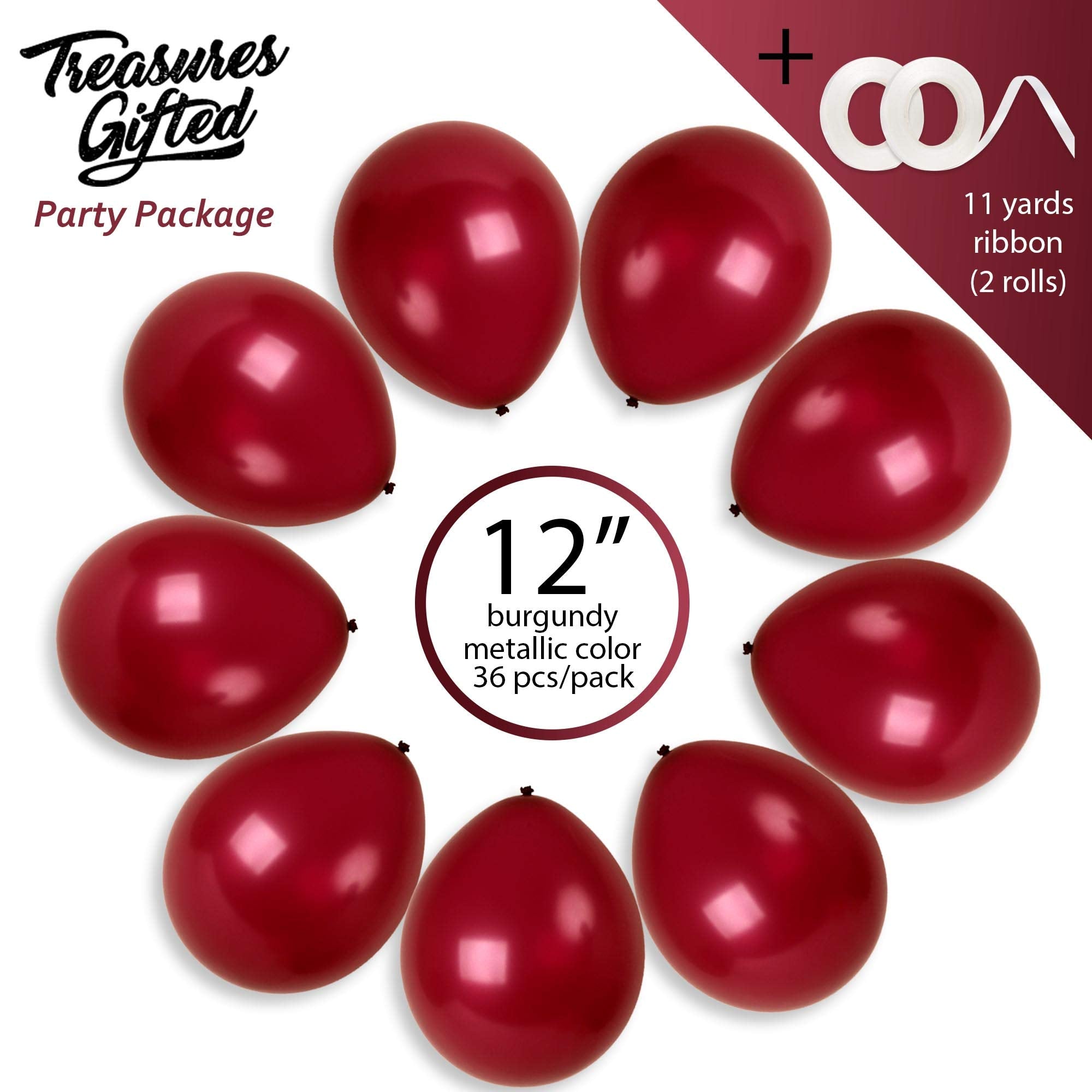 Treasures Gifted 36-Pack Metallic Burgundy Balloons 12 Inch – Includes Ribbon, Thicker Latex