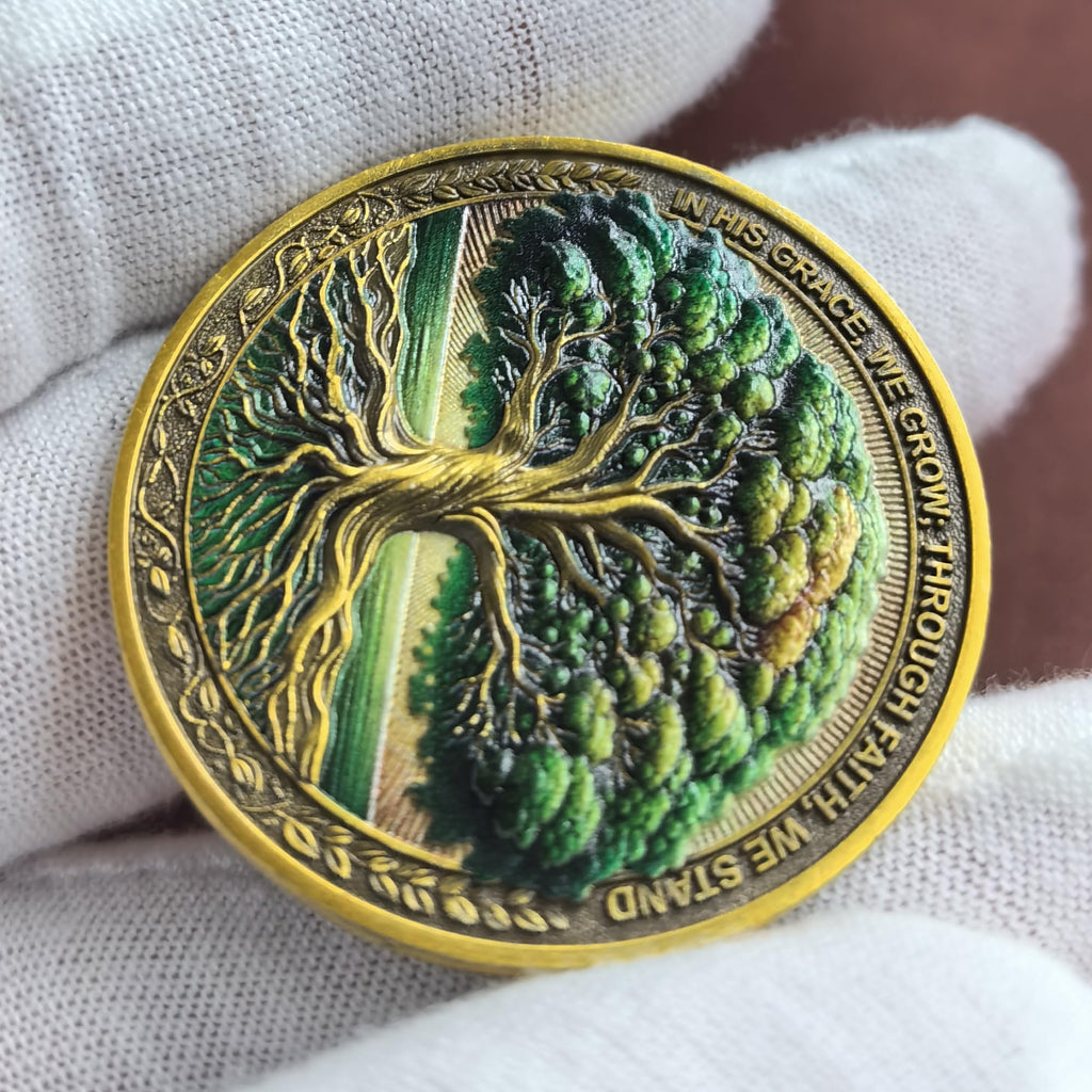 Tree of Faith Christian Challenge Coin – Gold Finish with Colossians 2:6-7 Verse