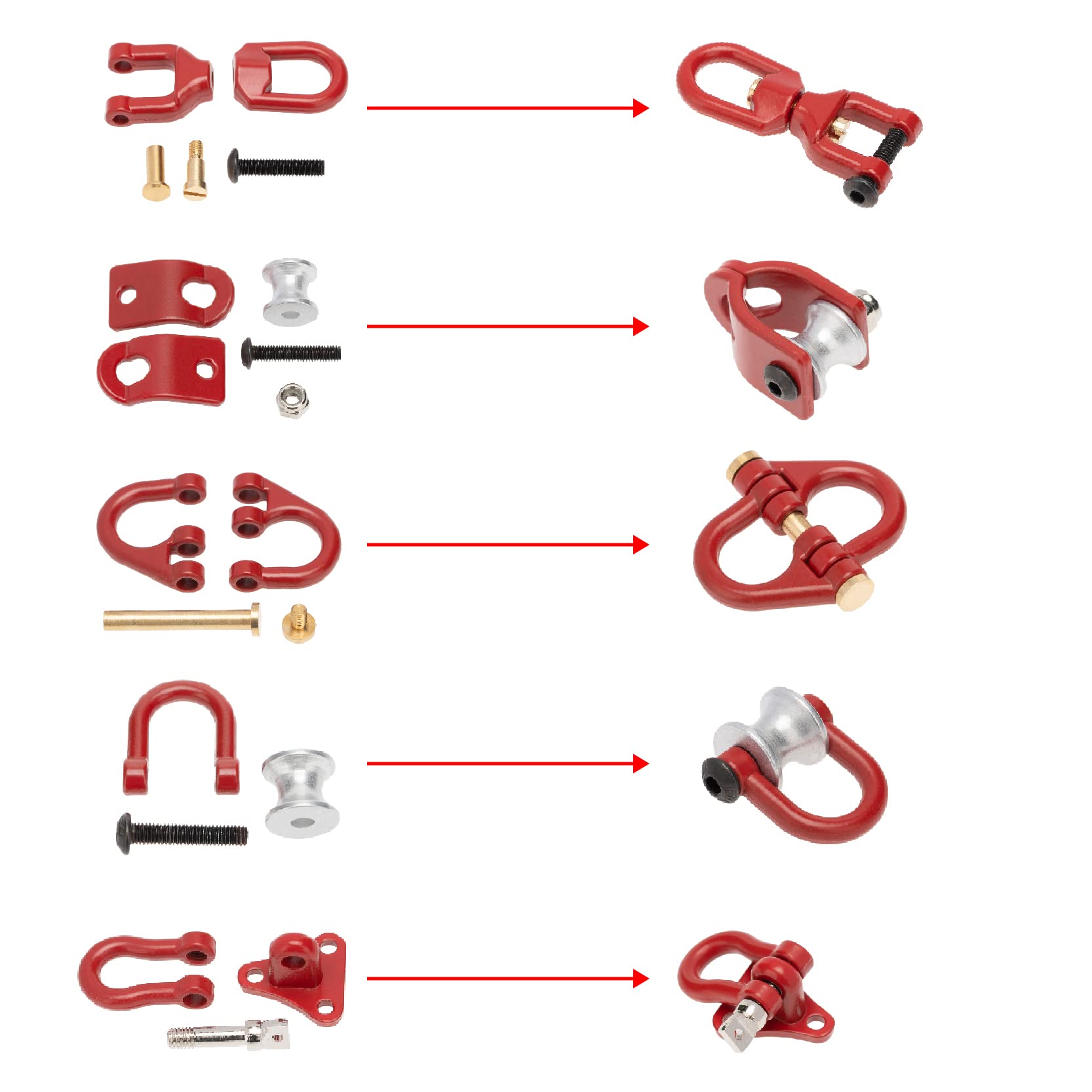 Treehobby 5-Pack Red Metal Tow Hooks for 1/10 RC Crawlers (SCX10, TRX4, TRX6, etc.)