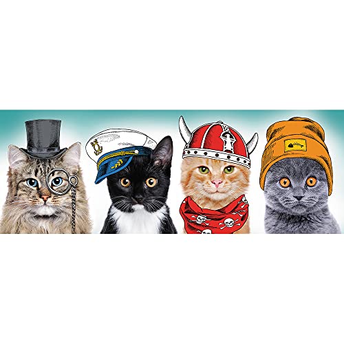 Trefl Panorama Fluffy Team 500 Piece Jigsaw Puzzle – 26x9 Inch Panoramic Puzzle with Cats in Hats