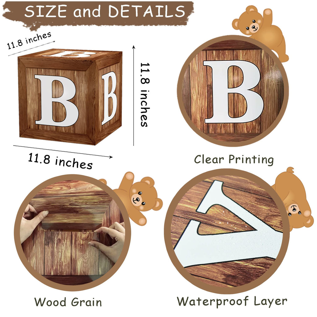 TREWAVE Wood Grain Baby Shower Display Boxes – 4-Pack Neutral Gender Reveal Party Decoration with Teddy Bear Blocks