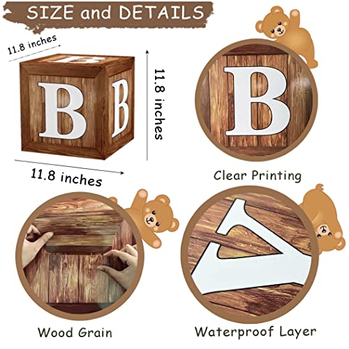 TREWAVE Wood Grain Baby Shower Display Boxes – 4-Pack Neutral Gender Reveal Party Decoration with Teddy Bear Blocks