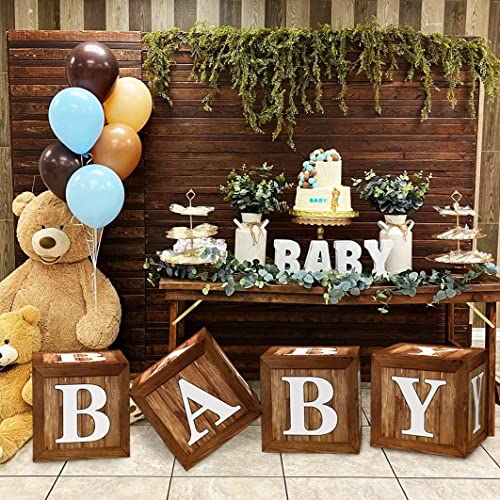 TREWAVE Wood Grain Baby Shower Display Boxes – 4-Pack Neutral Gender Reveal Party Decoration with Teddy Bear Blocks