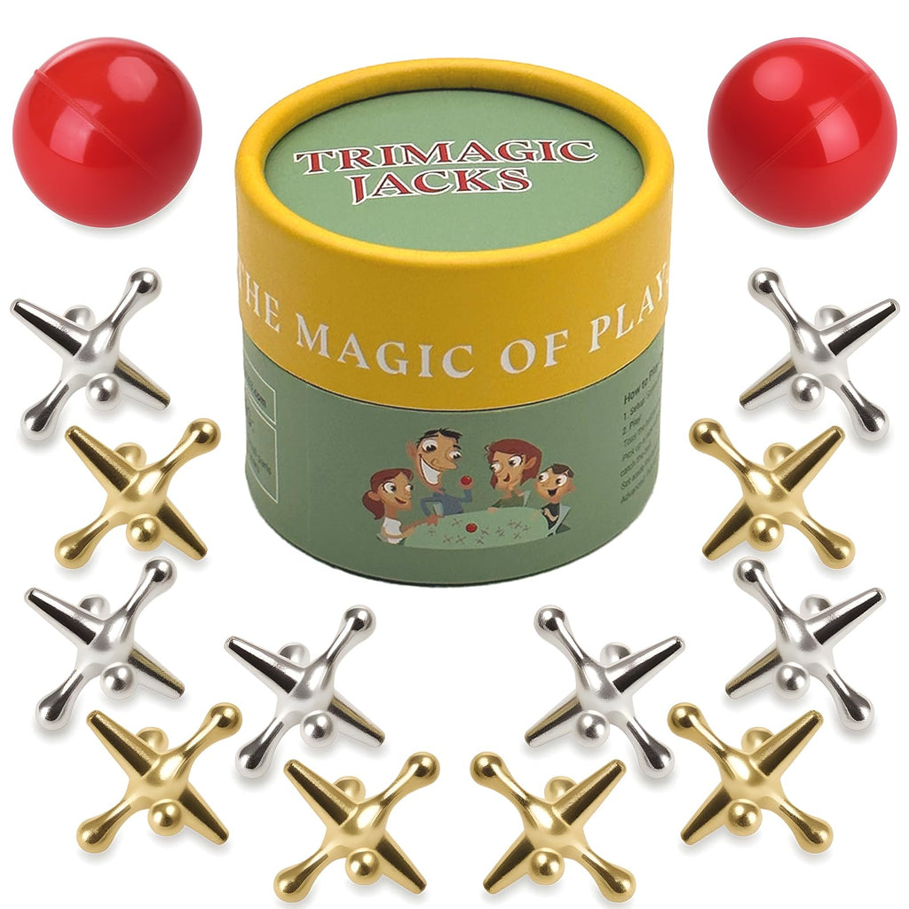 TriMagic Metal Jacks Game – Classic Jax Set with Two High-Bounce Balls, Retro Family Game