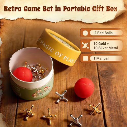 TriMagic Metal Jacks Game – Classic Jax Set with Two High-Bounce Balls, Retro Family Game