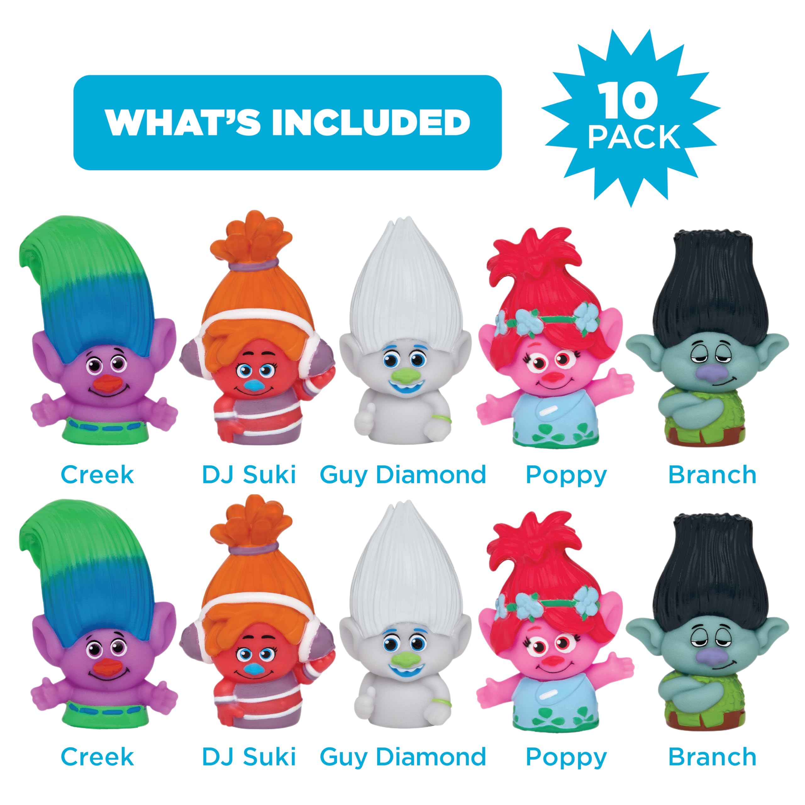 Trolls Bath Finger Puppets (10 Pack) - Waterproof PVC Characters for Pool, Beach, Bath, and Playtime Education