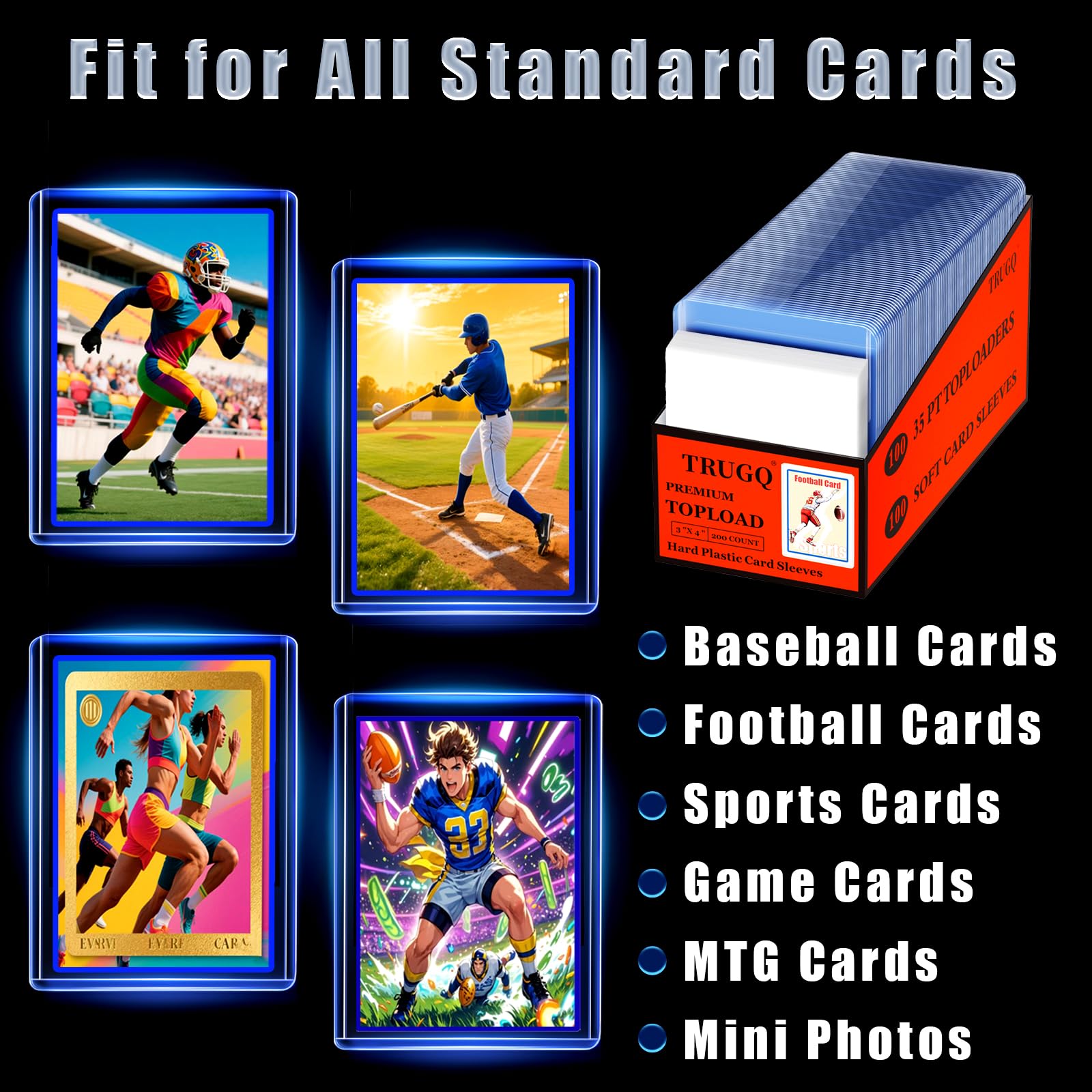 TRUGQ 200-Pack Card Protectors: 100 Rigid Toploaders & 100 Soft Sleeves, 3x4 Inch Clear Plastic for Sports & Game Cards